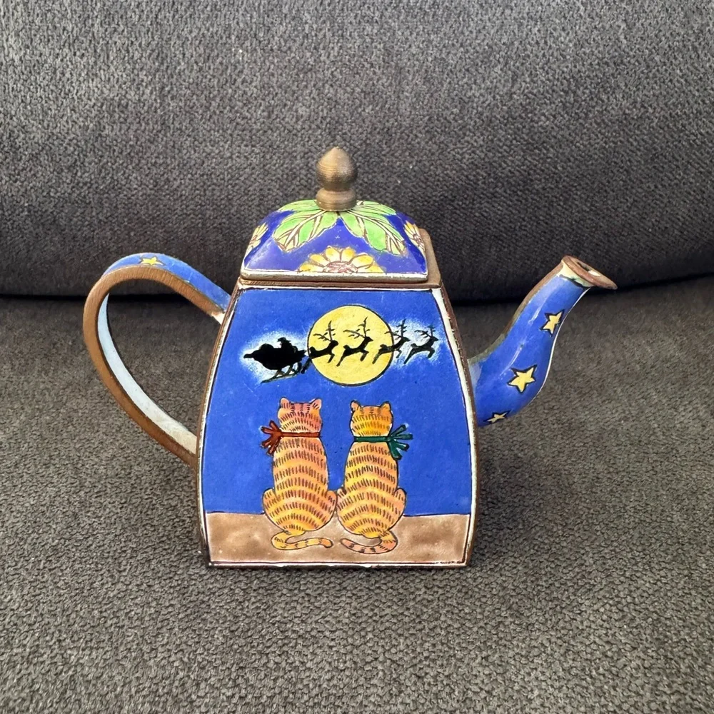Trade Plus Aid Cloisonne Mini Enamel Metal Teapot Kevin Chen‎ Style Xmas Cats